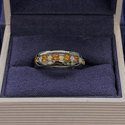 Black Rhodium 14k White Gold with 2mm Round Opal and Citrine Half-way Around 6mm Band Custom Ring, size 6