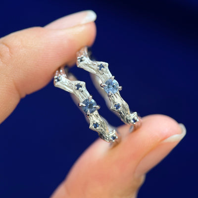 14k White Gold 3mm Blue Sapphire and 4pc Tiny Blue Sapphires on Custom Branches Ring, Both in Size 9.25