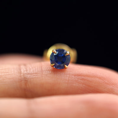 A 14k yellow gold Blue Sapphire Pressure Lock Earring resting on a model's fingertip