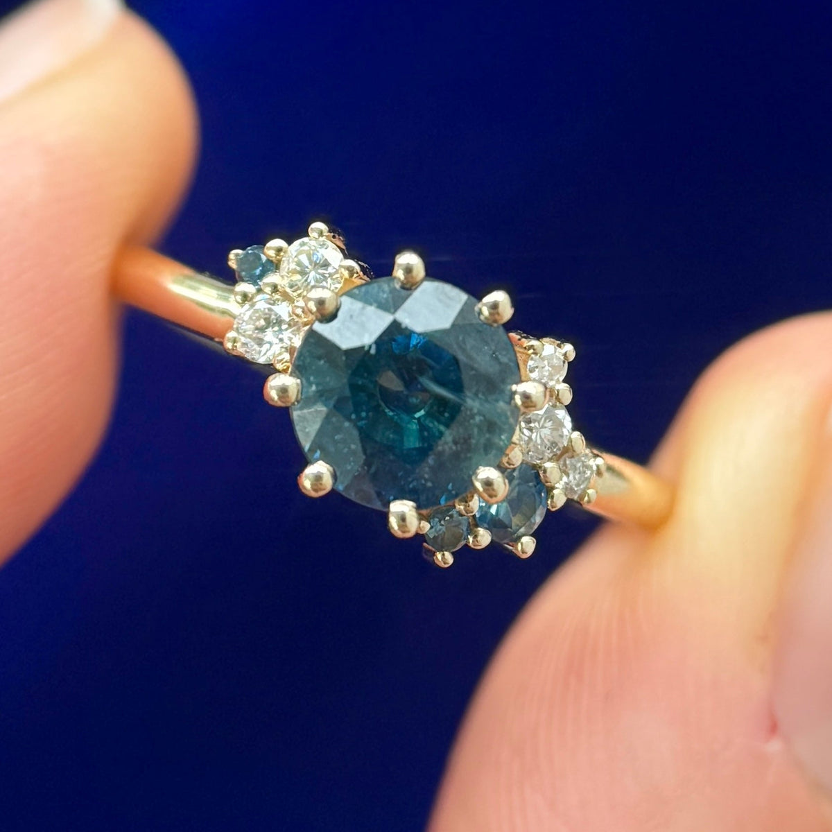 14k Yellow Gold and 1.67ct Blue Sapphire with Small Sapphires and Diamonds Custom Cluster Ring, Size 7.5