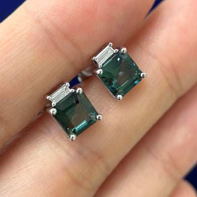 950 Platinum Asscher Teal Natural Sapphire and Baguette Lab Diamond Stud Earrings
