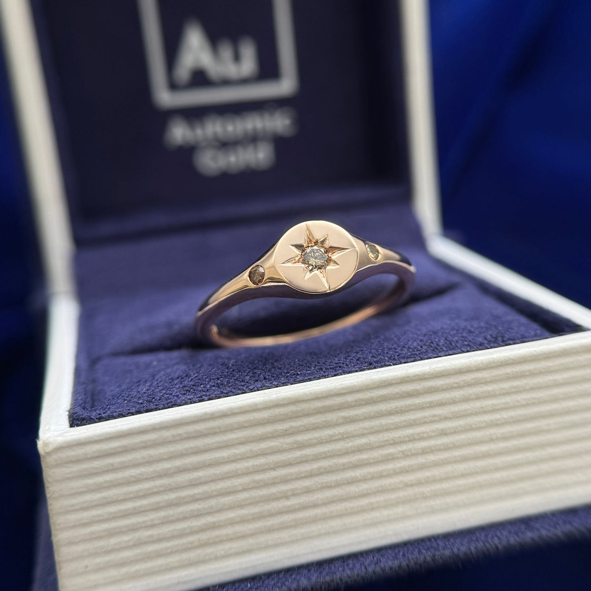 14k Rose Gold Star-set Brown Diamond with 2 Flush-set Brown Diamonds on Round Signet Band Custom Ring, Size 9