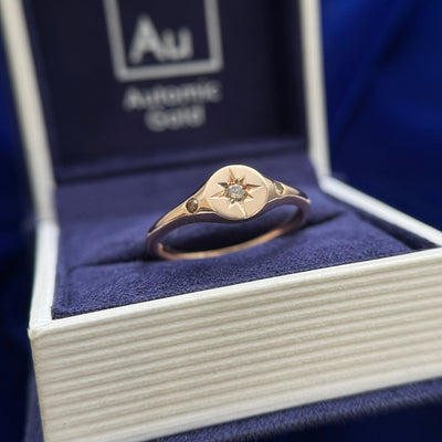 14k Rose Gold Star-set Brown Diamond with 2 Flush-set Brown Diamonds on Round Signet Band Custom Ring, Size 9