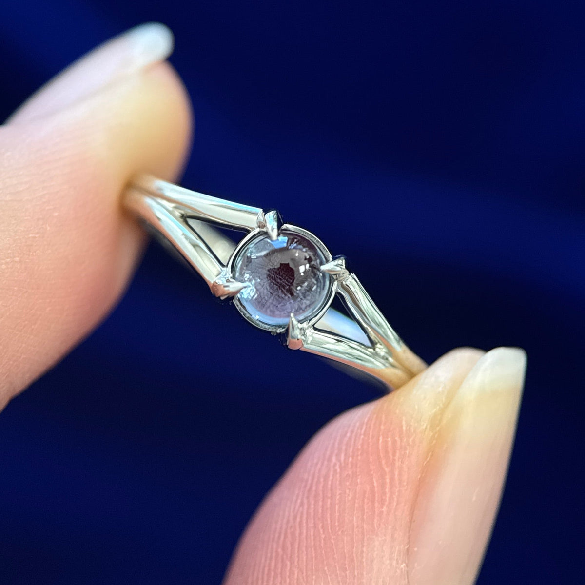 14k Champange Gold with 4 claw prongs set 5mm Cabachon Lab Alexandrite on Open Tapered Band Custom Ring size 7