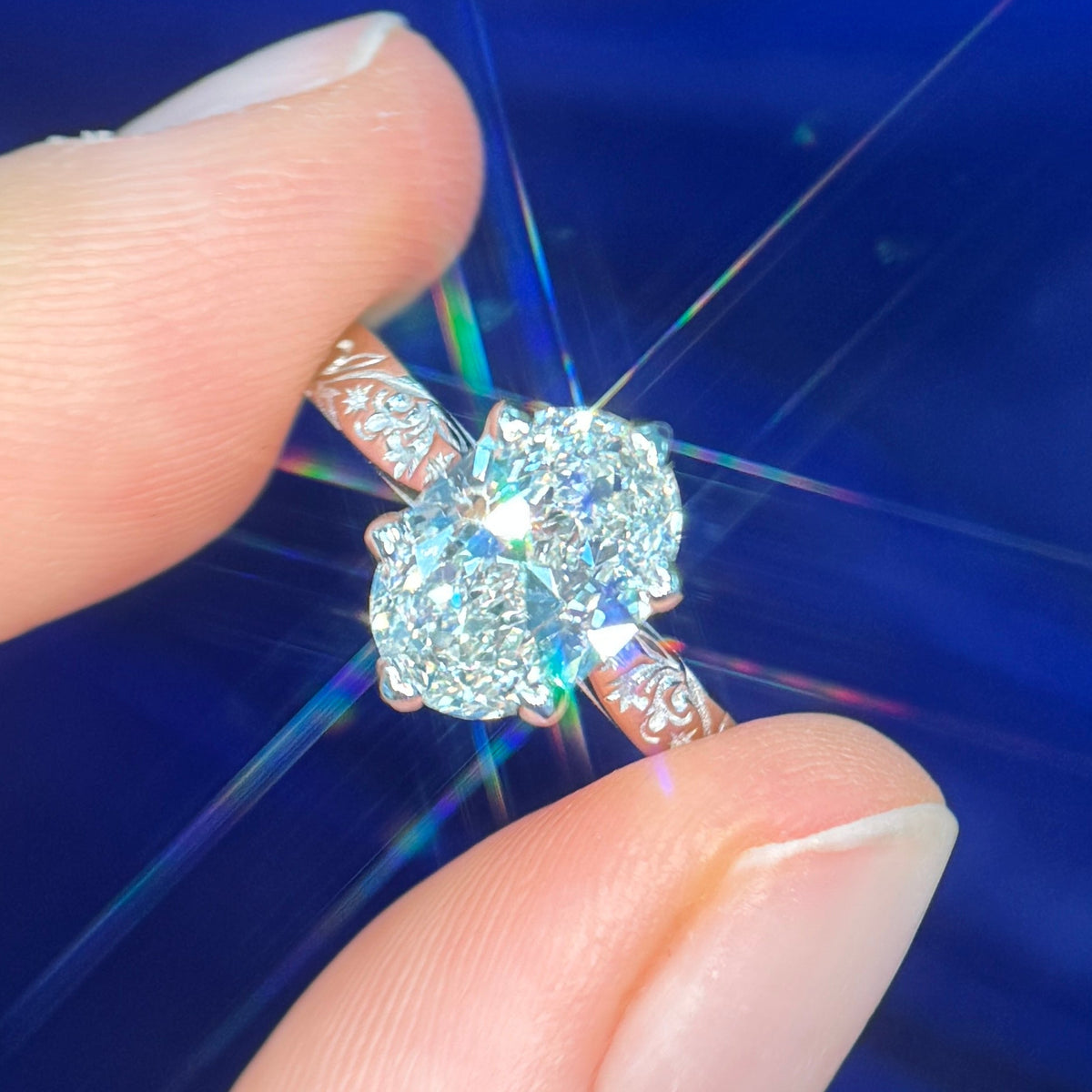 950 Platinum with 6-Heart-Petal-Cathedral-set 1.5ct Barion-Oval Lab Diamond set on Band engraved with Stars, Leaves Custom Ring, size 5.25