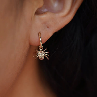 Close up view of a model's ear wearing a champagne gold Spider Charm on a Curvy Huggie Hoop