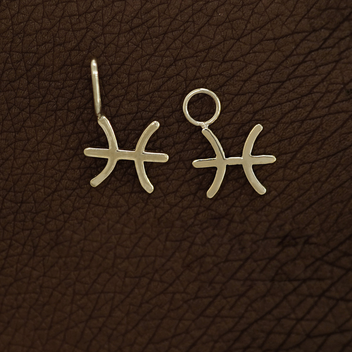 Two 14 karat Yellow Champagne gold Pisces Horoscope Charms shown in the For Chain and For Earring options