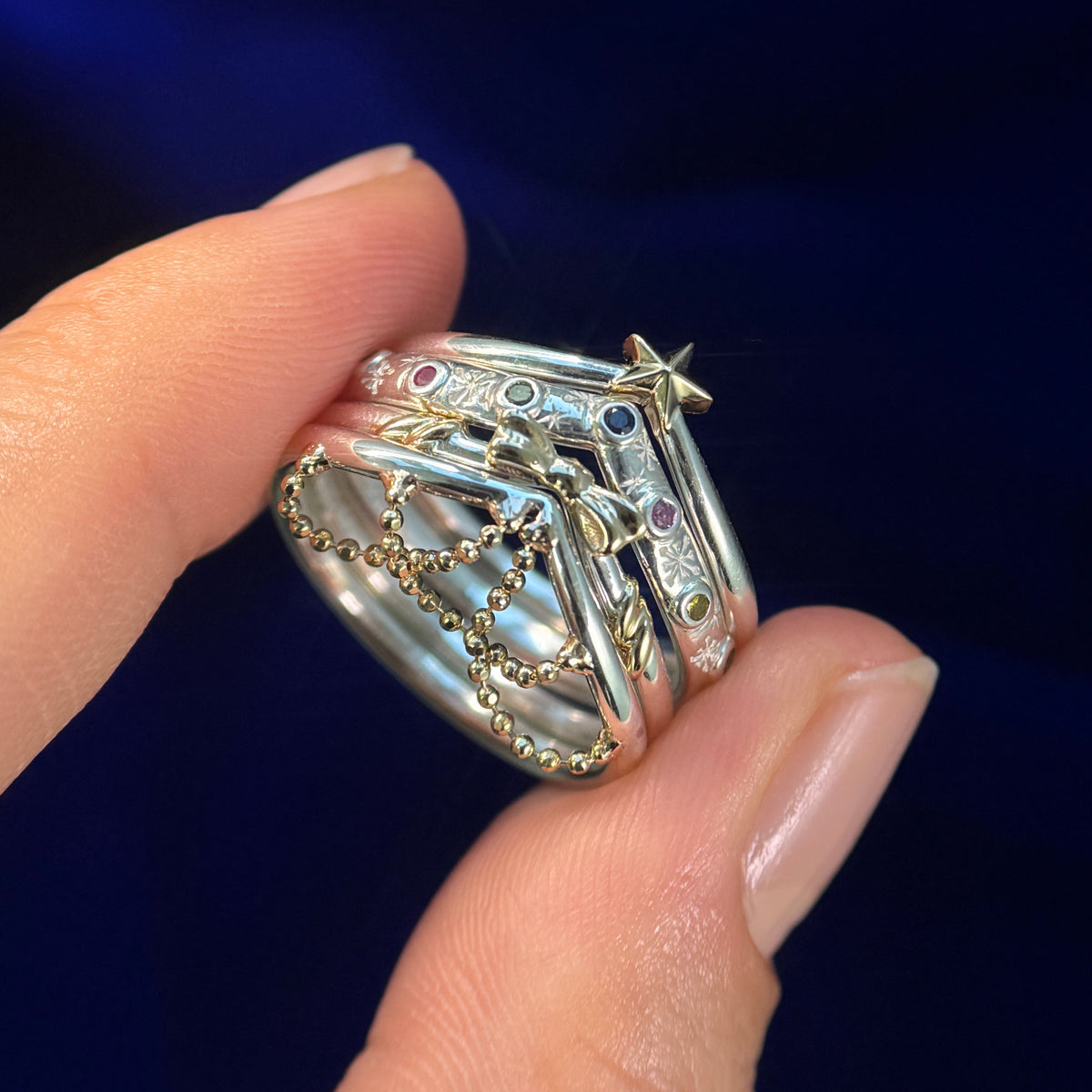 925 Sterling Silver and 14k Yellow Gold with Sapphires Christmas Tree Inspired Star Bow tie Custom Rings set size 8