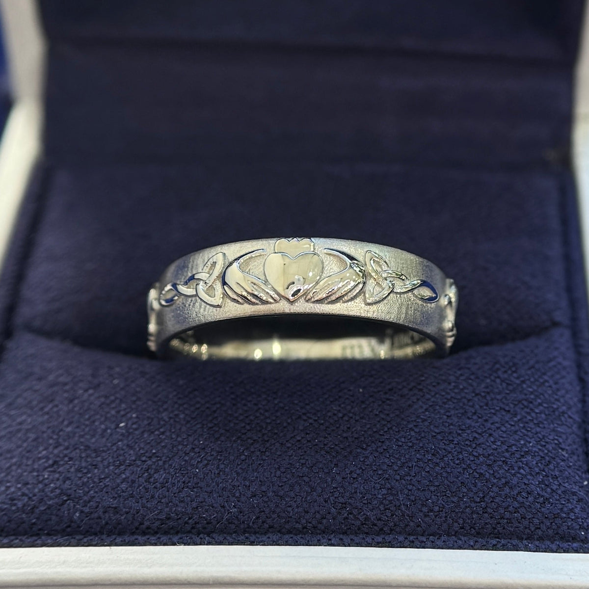 950 Platinum Claddagh Ring with Custom Engravings on Mix Mirror Band, Size 8