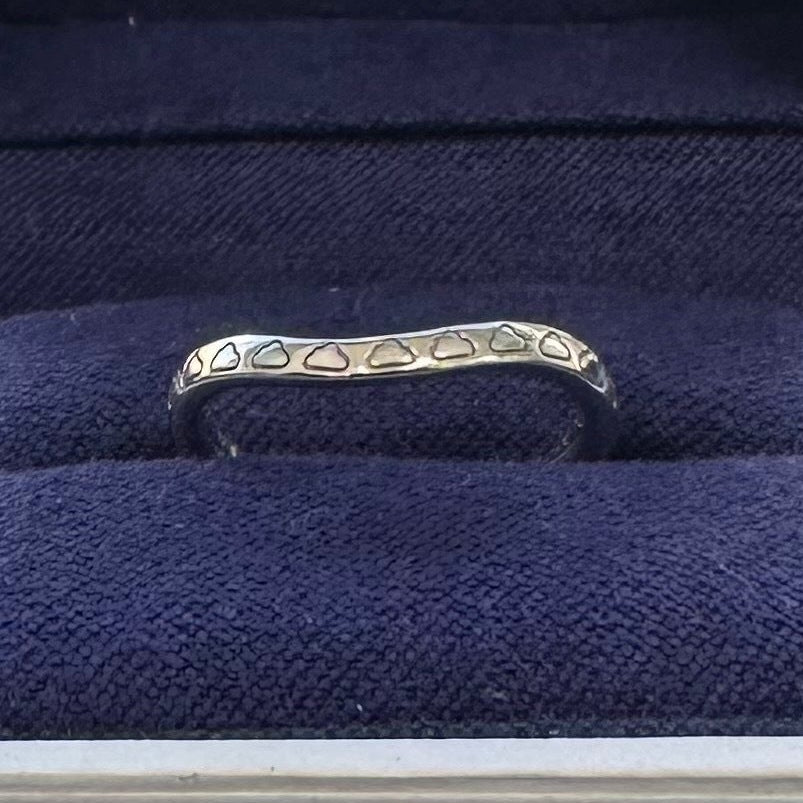14k White Gold 2.5mm Curvy Nesting Band with Repeating Clouds Engraving on top Custom Ring, Size 3.5