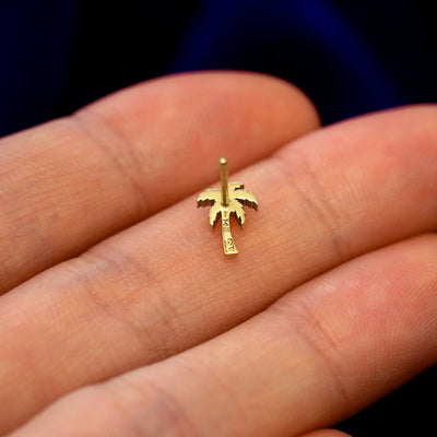 A 14k gold Palm Tree Earring in a model's hand resting on its face to show the back of the stud and the post