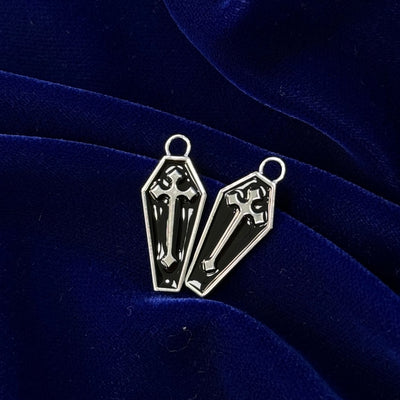 2 coffin black enamel cross charm earrings