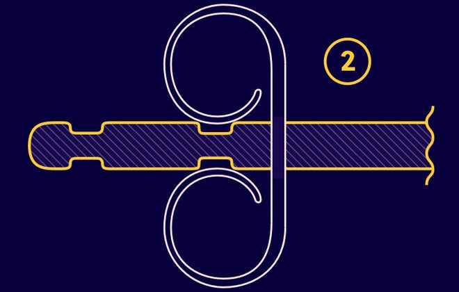 A graphic showing an Automic Gold standard push back earring backing on the second notch of an earring post