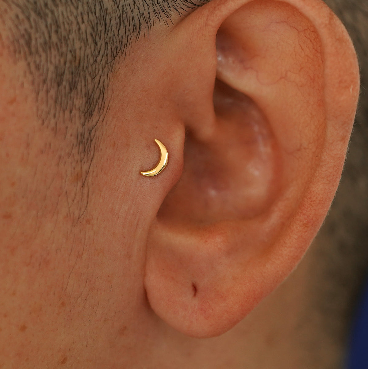 A model's ear wearing a 14k yellow gold Moon Flatback in a tragus piercing