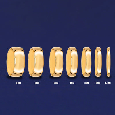 Seven versions of the Curvy Mirror Band showing the different thickness options of the ring from 8mm to 1.7mm