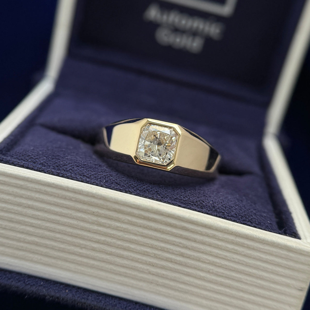 14k Yellow Gold and 1ct Cushion Lab Diamond on Custom Chunky Signet Ring, size 7.75