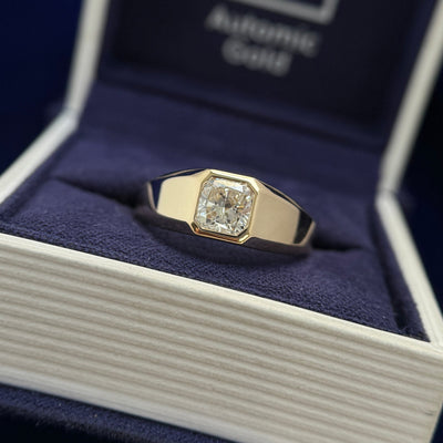 14k Yellow Gold and 1ct Cushion Lab Diamond on Custom Chunky Signet Ring, size 7.75