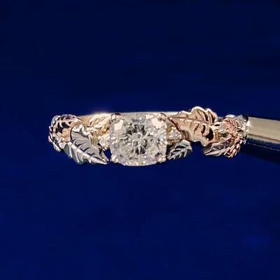 14k Gold Tricolor Leaves Ring with 0.83ct Cushion Cut Diamond Custom Ring