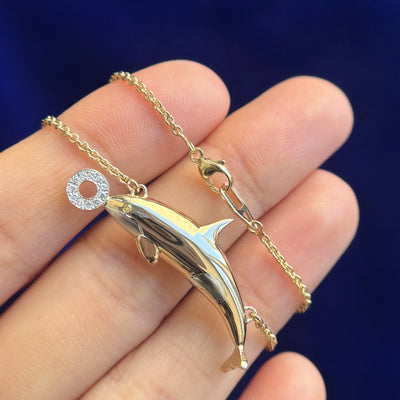 14k Yellow Gold Pave Diamond Ball Holding 30mm Orca and 14k White Gold Belly on 16" Thick Cable Chain Custom Necklace