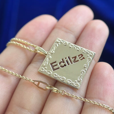 14k Yellow Gold 20x20mm Edilza cut-out Custom Pendant, 1.5 grams with Medium Cable Chain