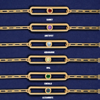 Six one-stone Dancing Gemstone bracelets showing options of Garnet, Amethyst, Aquamarine, Opal, Emerald, and Alexandrite