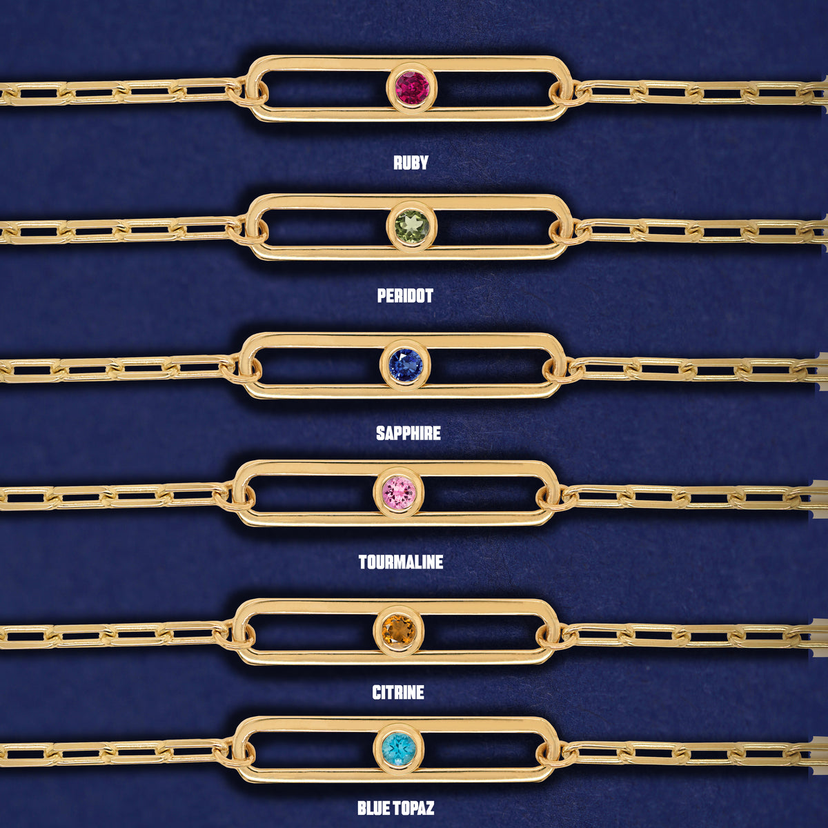 Six one-stone Dancing Gemstone bracelets showing options of Ruby, Peridot, Sapphire, Pink Tourmaline, Citrine, and Blue Topaz