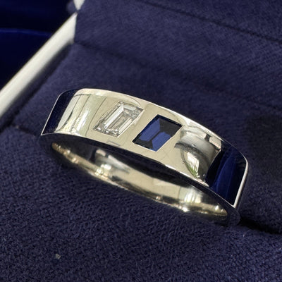 950 Platinum with Custom-cut 2.6x4.6mm Diagonal Lab Diamond and Lab Sapphire Bezel-set into 4mm Mirror Industrial Comfort-fit Band Custom Ring