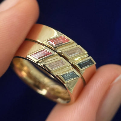 14k Yellow Gold with Custom-cut 2.6x4.6mm Diagonal Pink, White, Light Blue Lab Diamond Channel-set into 4mm Mirror Industrial Comfort-fit Band Custom Ring, size 4.75 and size 6