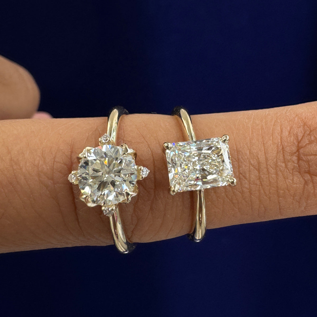 14k Yellow Gold Matching Couple Custom Engagement Rings, one with 1.21ct I/VVS GIA Radiant-cut Natural Diamond, one with 1.11ct J/SI2 Round Natural Diamond