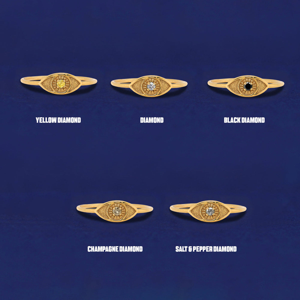 Five versions of the solid gold Evil Eye Ring showing Yellow, Clear, Black, Champagne, and Salt and Pepper diamonds