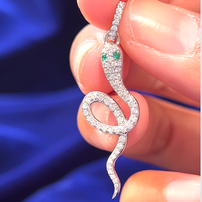 14k White Gold and 0.38ct Diamonds and Green Emerald Eyes Snake 1.25" Tall Custom Pendant Charm