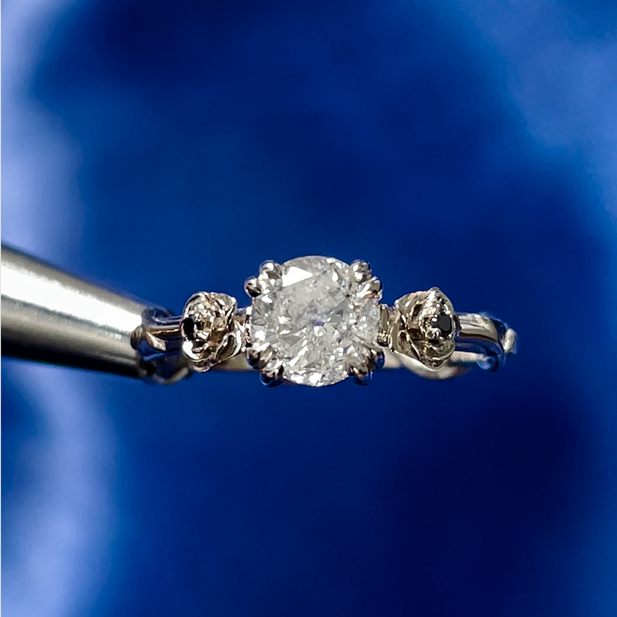 14k White Gold with Round Milky Diamond and Black Diamond Center Roses and Vine Band Custom Ring