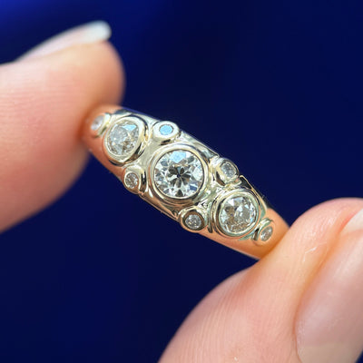14k Yellow Gold with 3 Customers Diamonds and 6 Our Small Diamonds Flash set on Tapered Band Custom Ring, 7 gram, size 7.5
