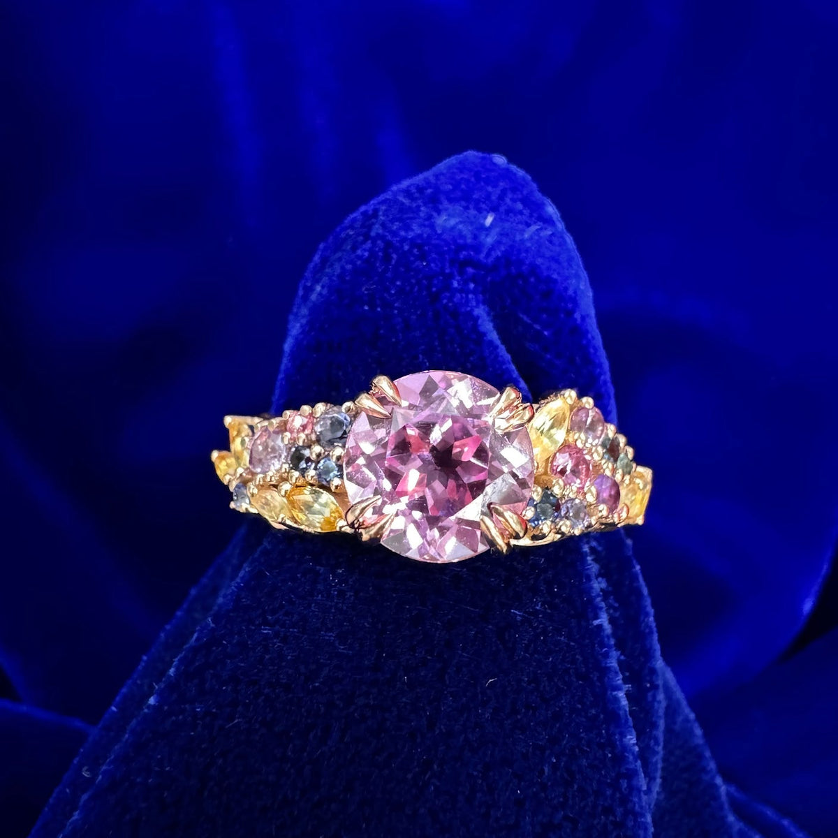 14k Rose Gold Round Lab Pink Sapphire and Small Pastel Round Sapphires Custom Ring