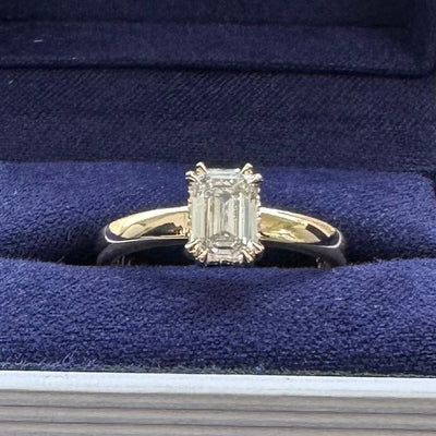 14k Yellow Gold Double Prongs 1ct H VVS Emerald-cut Lab Diamond with Tiny Lab Diamonds Halo Custom Ring, Size 7