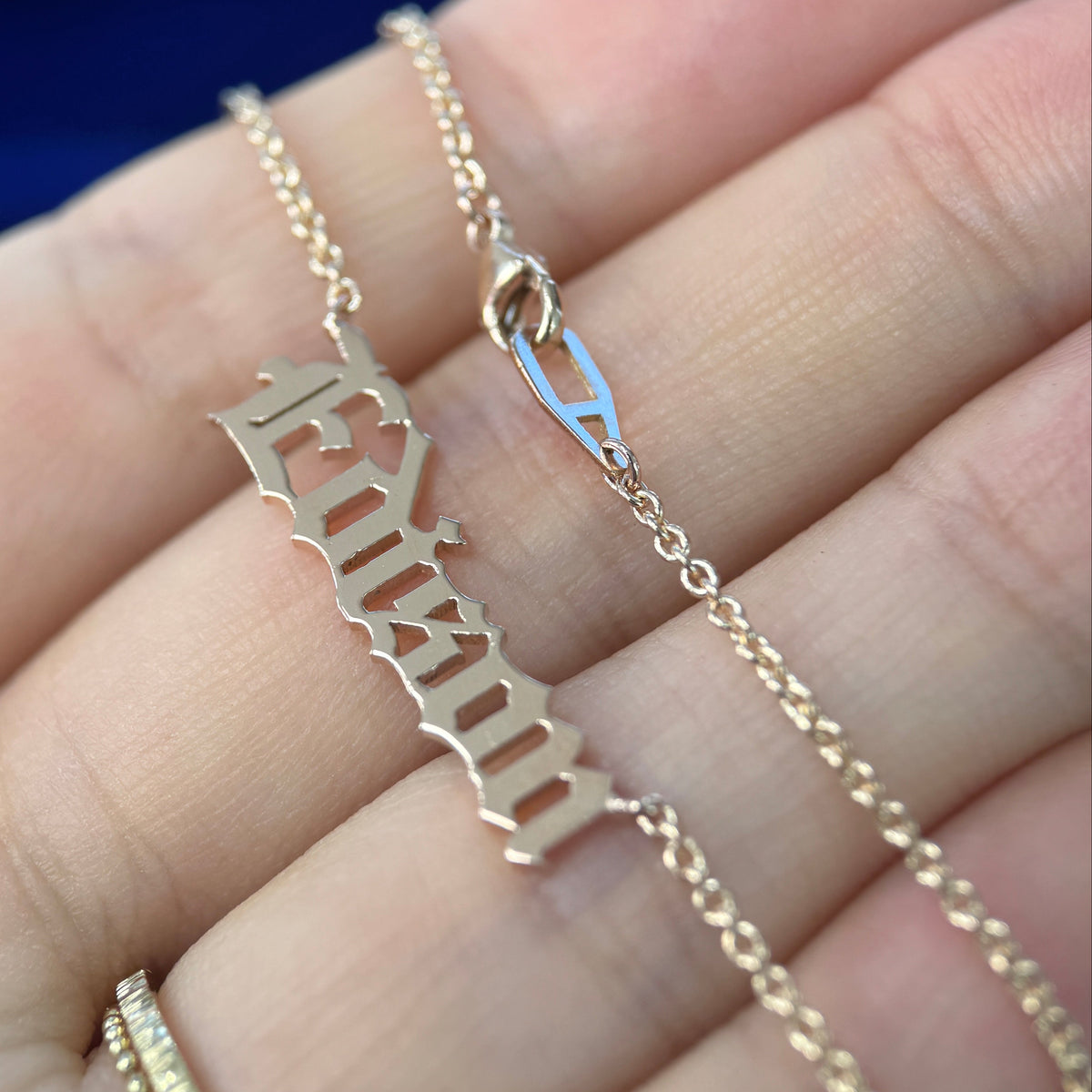 14k Rose Gold Edison 1mm Nameplate in Old English Font 18" Thick Cable Chain Custom Necklace
