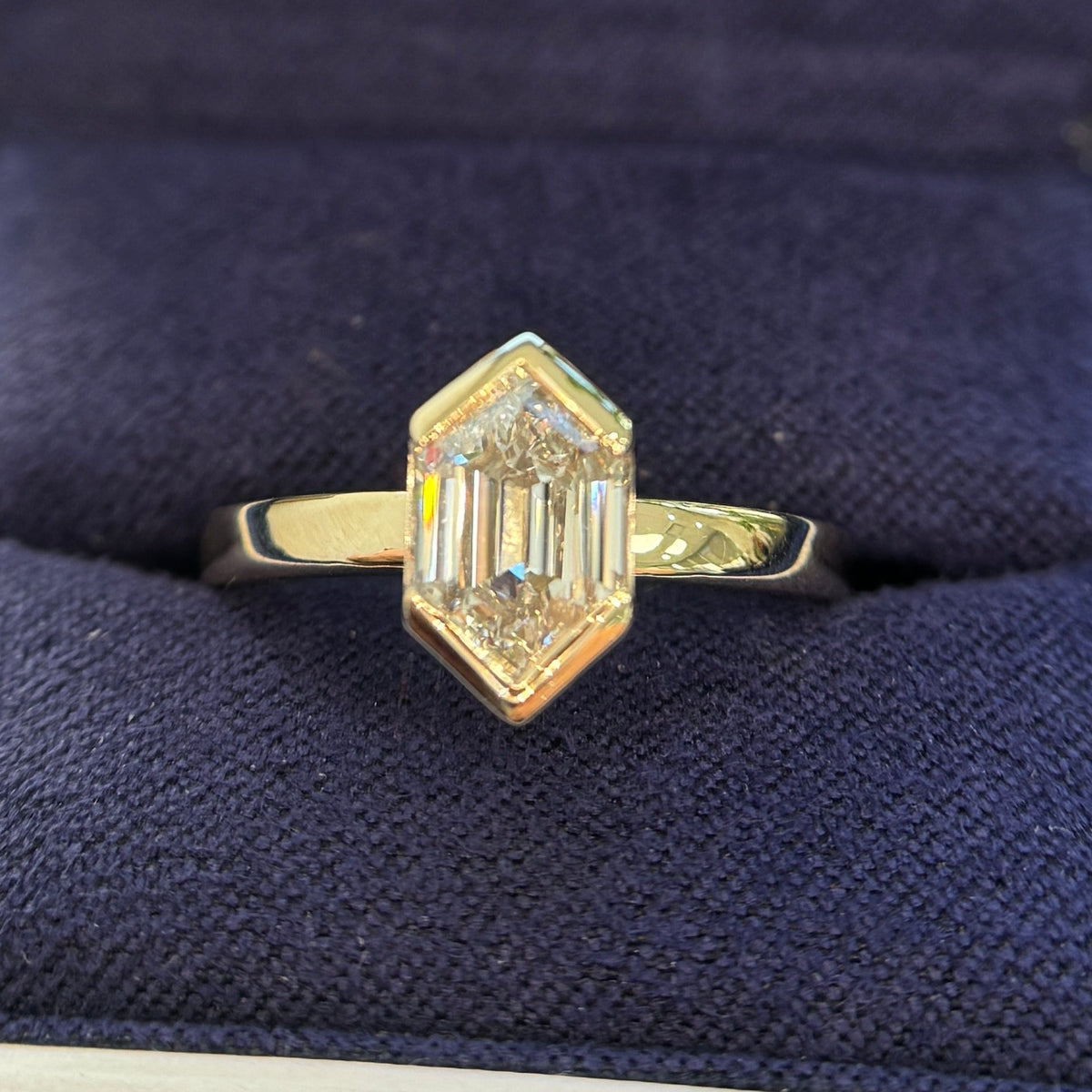 14k Yellow Gold and Half-bezel-high-set 1.5ct Elongated Hexagon D VS Lab Diamond on 2.5mm Mix Mirror Band Custom Ring, size 7.5