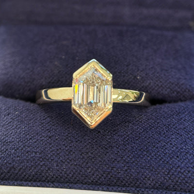 14k Yellow Gold and Half-bezel-high-set 1.5ct Elongated Hexagon D VS Lab Diamond on 2.5mm Mix Mirror Band Custom Ring, size 7.5