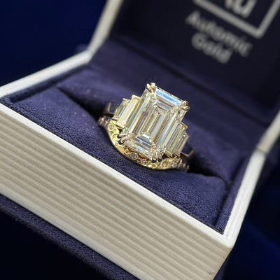 14k Yellow Gold and 5.5ct Emerald-cut Lab Diamond center with 4pc Baguette Lab Diamonds Custom Ring and Nesting Stars Diamonds Moon Sun 2.5mm Band Rings Set, size 7