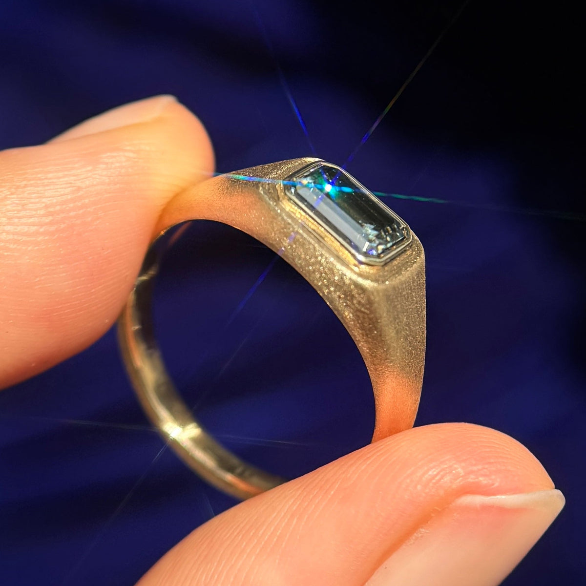 14k Yellow Gold 1.22ct Pear Green/Blue Sapphire on 4mm Custom Industrial Mirror Band, Size 9