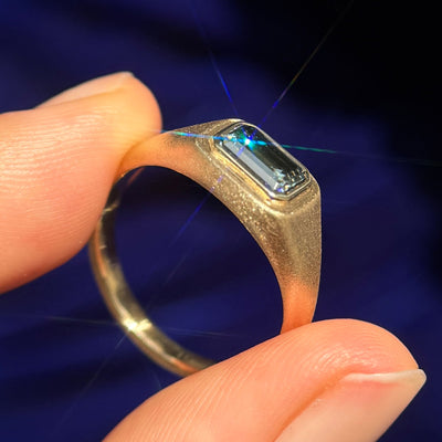 14k Yellow Gold 1.22ct Pear Green/Blue Sapphire on 4mm Custom Industrial Mirror Band, Size 9