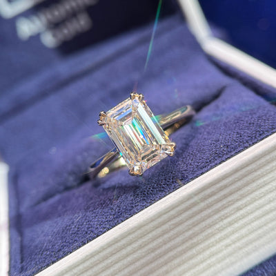 14k Yellow Gold and 4-Double-petal-prongs Scroll-Cathedral 2.5ct Emerald-cut High-set F VVS 1.5 ratio Lab DIamond on 2mm Mix Mirror Band Custom Ring, Size 5.5