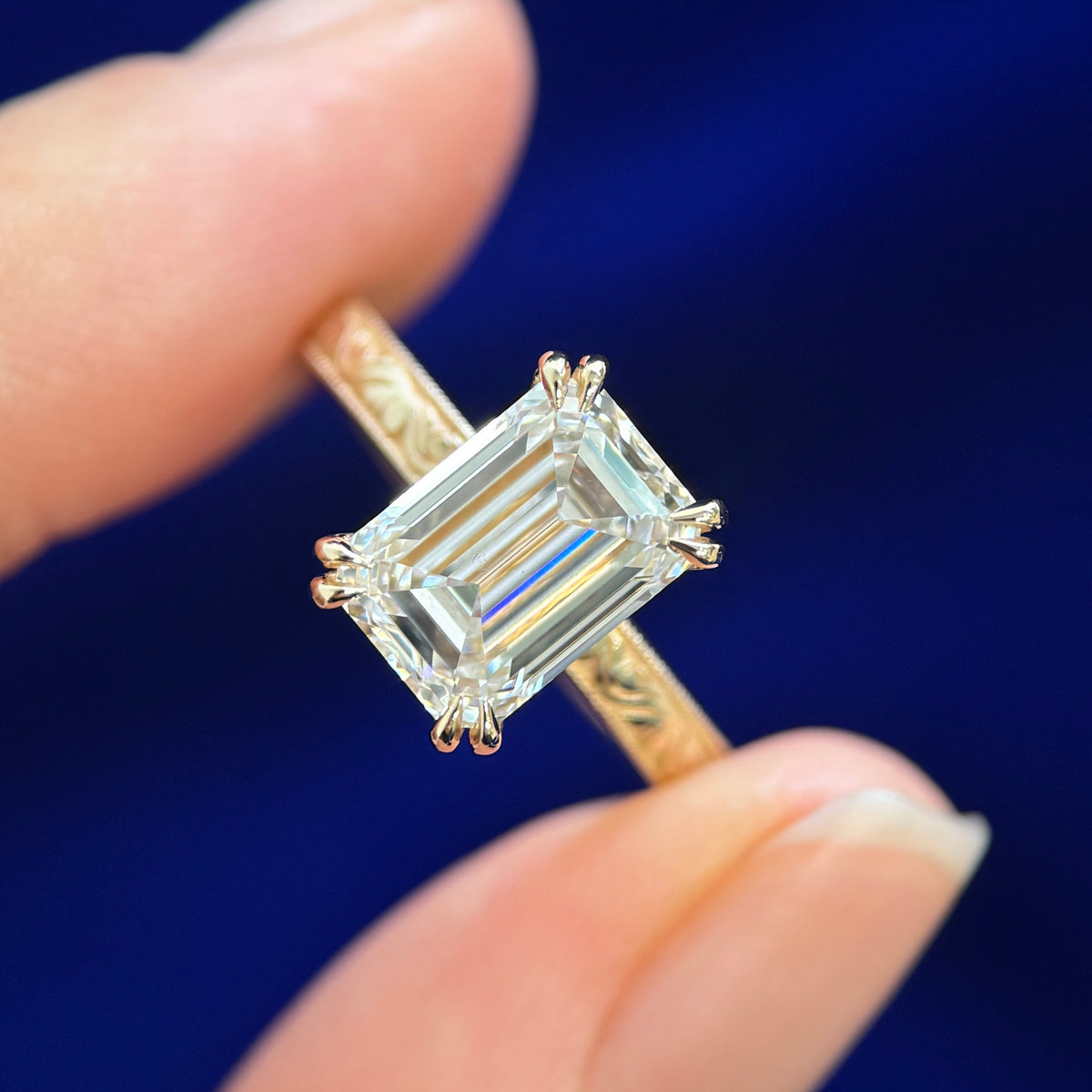 14k Yellow Gold with High-prongs-set 3.10ct F VVS Emerald-cut Lab Diamond Set on Filigree Band Custom Ring, size 6.5