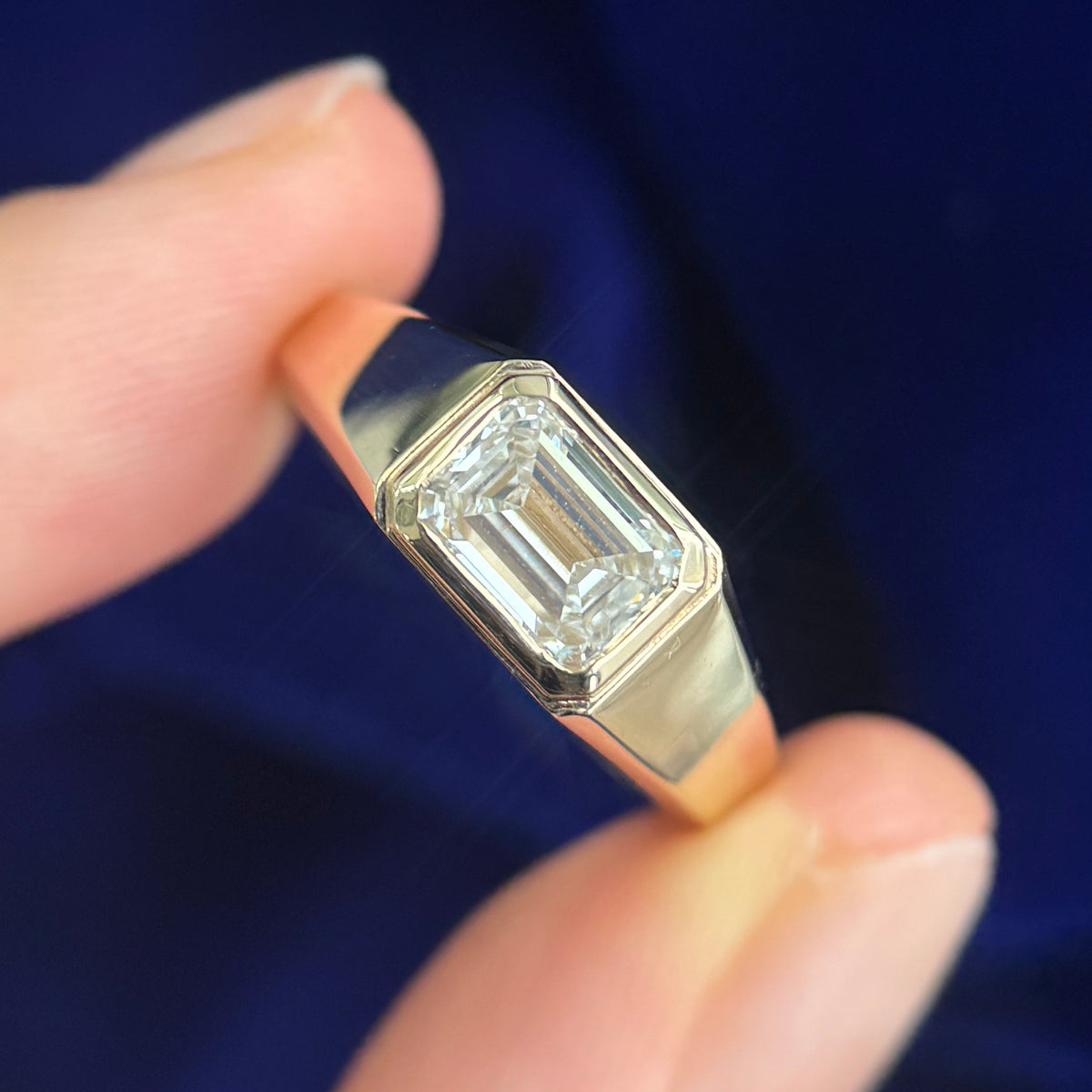14k Yellow Gold 1ct 7x5mm Emerald Cut Lab Diamond Signet Custom Ring, size 7.25