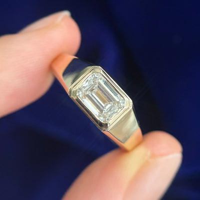 14k Yellow Gold 1ct 7x5mm Emerald Cut Lab Diamond Signet Custom Ring, size 7.25