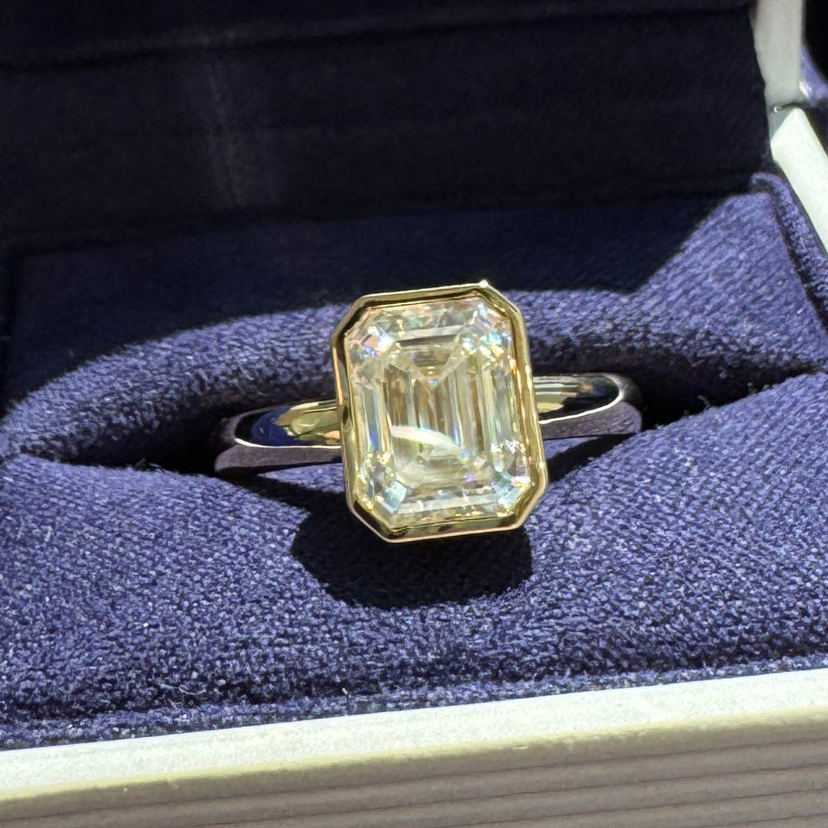 14k Yellow Gold and 9x7mm Emerald-cut Moissanite Bezel-set on 3mm Band Custom Ring, size 7