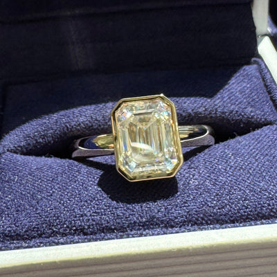 14k Yellow Gold and 9x7mm Emerald-cut Moissanite Bezel-set on 3mm Band Custom Ring, size 7
