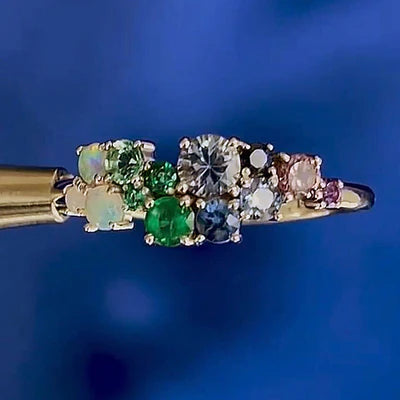 14k White Gold Opals, Emeralds and Sapphires Custom Cluster Ring