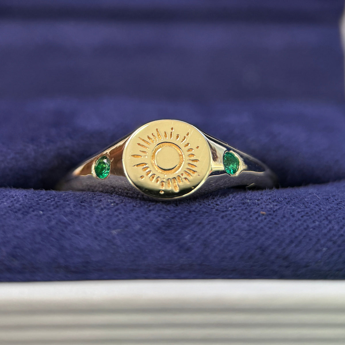 14k Yellow Gold Emerald Signet Ring Engraved on top with Custom Sun