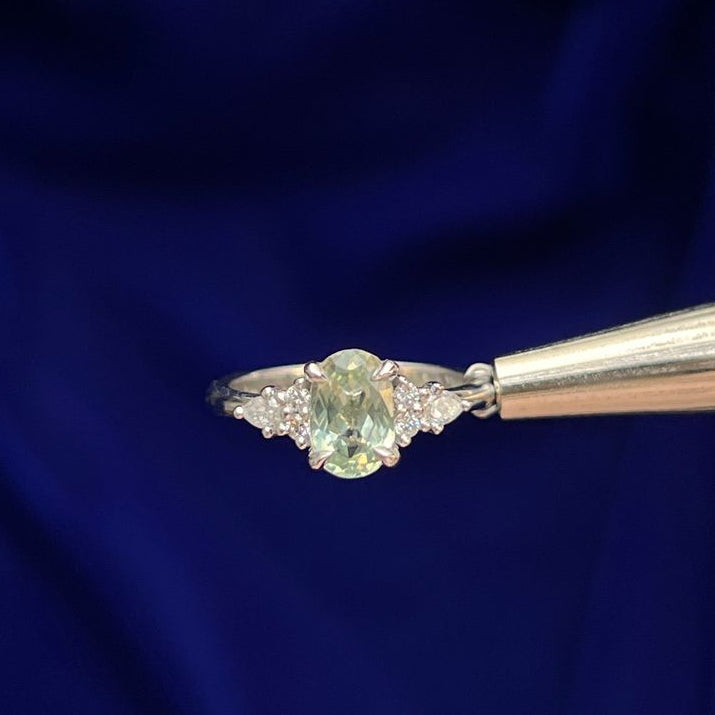 14k White Gold Claw Prongs Set 1.44ct Sapphire with 4 Round and 2 Pear Diamonds Custom Engagement Ring